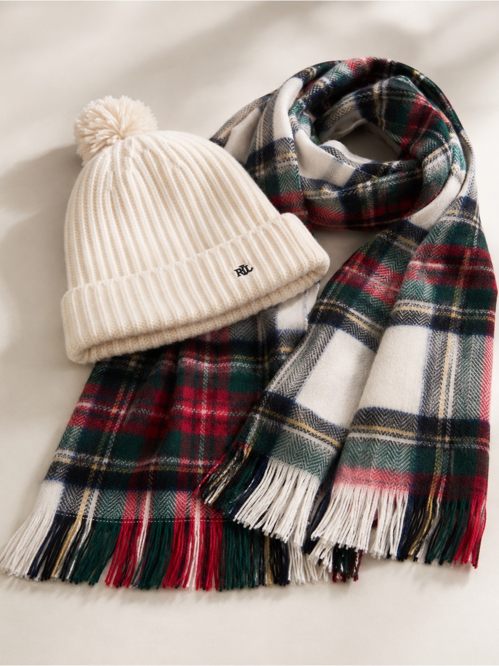 Ralph Lauren Cream Pom Beanie with Red & Green Plaid Scarf